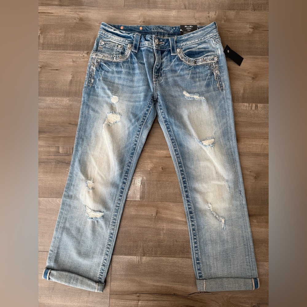 NEW Miss Me Signature‎ Cropped Jeans Women 29 Light JE8089C Stitch Aztec Pocket - Picture 4 of 10